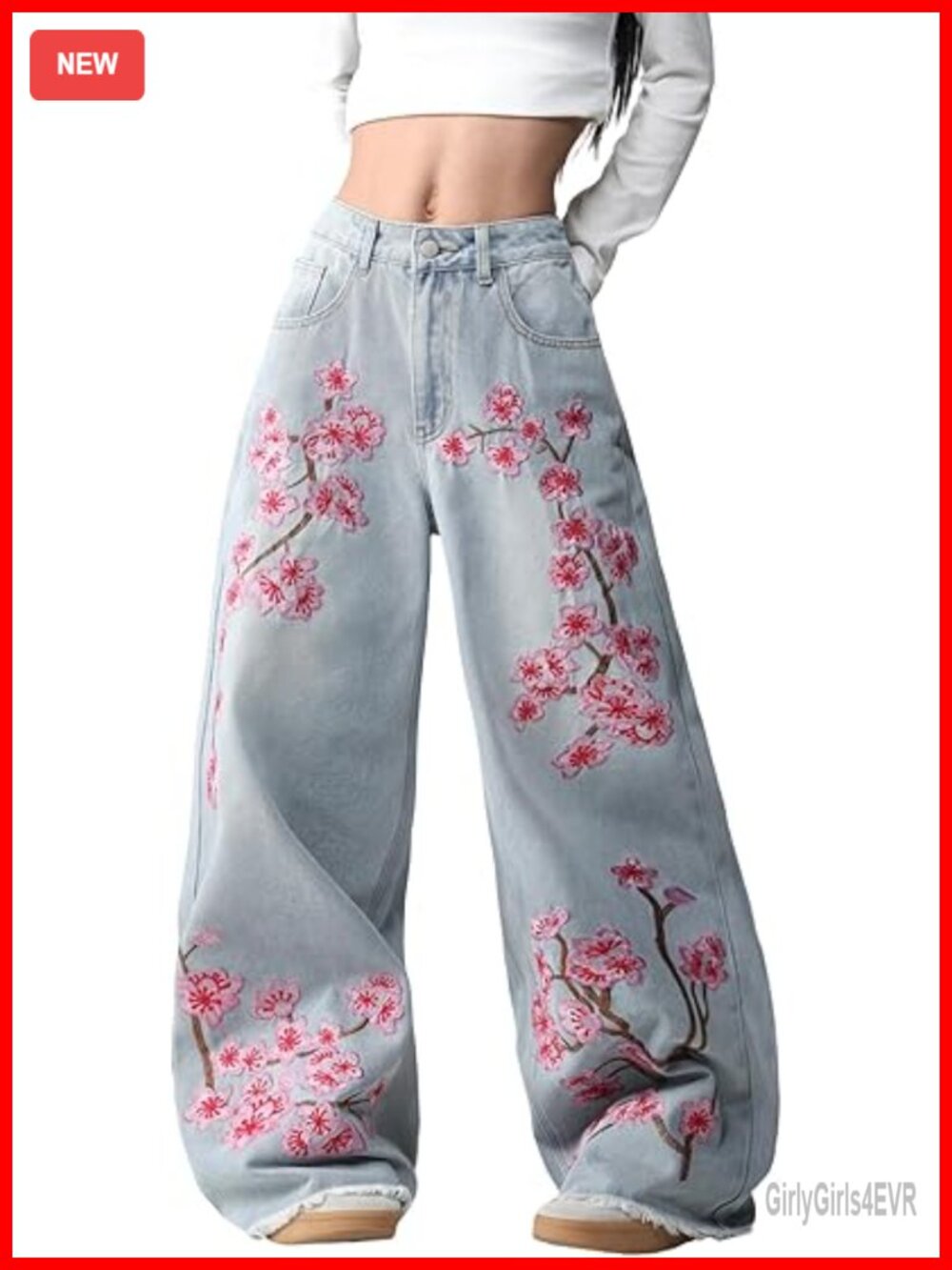 Wide Leg Baggy Jeans with Floral Embroidery Y2K Streetwear